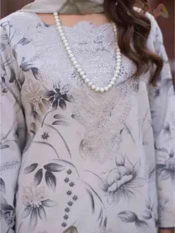 Close-up of embroidery and digital print details on Sanam Saeed by Puri Fabrics D-06, highlighting premium craftsmanship.