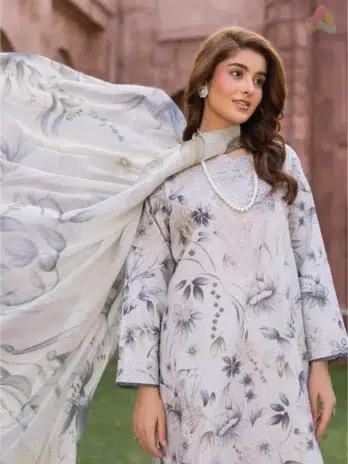 Full-view image of model in Sanam Saeed by Puri Fabrics D-06, complete 3-piece suit styled with chiffon dupatta and plain trouser.