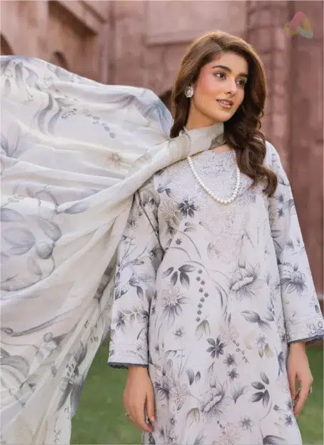 Full-view image of model in Sanam Saeed by Puri Fabrics D-06, complete 3-piece suit styled with chiffon dupatta and plain trouser.