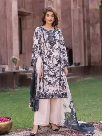 Model wearing Sanam Saeed by Puri Fabrics D-07, showcasing detailed embroidery and digital print on the lawn shirt’s front.