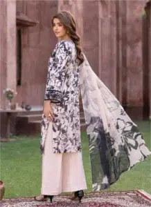 Model displays the digitally printed back of Sanam Saeed by Puri Fabrics D-07, styled for summer and Eid.