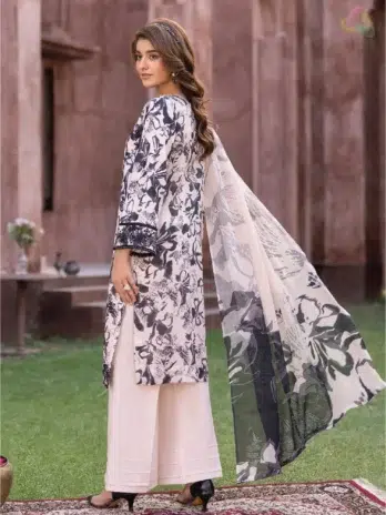 Model displays the digitally printed back of Sanam Saeed by Puri Fabrics D-07, styled for summer and Eid.