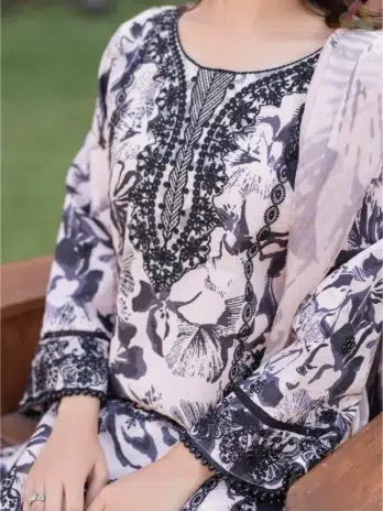 Close-up shot of embroidery and fabric texture on Sanam Saeed by Puri Fabrics D-07, highlighting premium detailing.