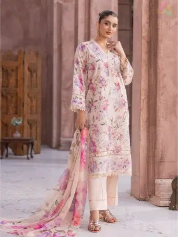 Model wearing Sanam Saeed by Puri Fabrics D-08 front view, showcasing an embroidered lawn shirt with digital prints, styled in a bright summer setting.