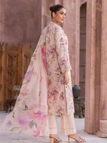 Sanam Saeed by Puri Fabrics D-08 back side displayed on the model, highlighting the digital printed back design with coordinated colours.