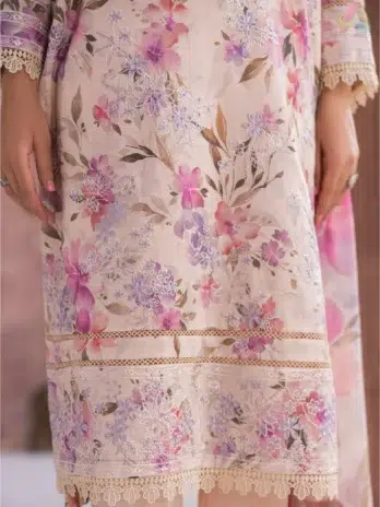 Close-up of Sanam Saeed by Puri Fabrics D-08 embroidered detailing and lawn texture, emphasising threadwork on the shirt front.