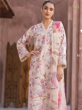 Full view of model in Sanam Saeed by Puri Fabrics D-08 complete suit, including chiffon dupatta and plain trouser, perfect for festive wear.