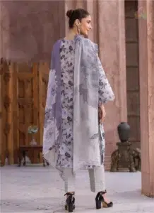 Back view of Sanam Saeed by Puri Fabrics D-09 on model, highlighting intricate digital print details and coordinated design.