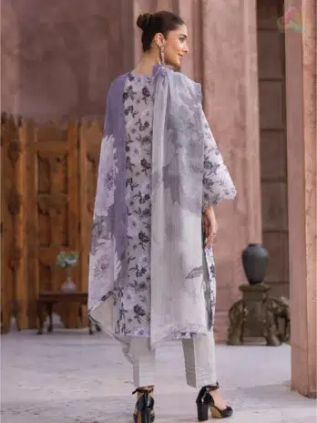Back view of Sanam Saeed by Puri Fabrics D-09 on model, highlighting intricate digital print details and coordinated design.