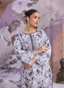 Full suit view of Sanam Saeed by Puri Fabrics D-09 worn by model, complete with chiffon dupatta and plain trouser, styled for elegance.