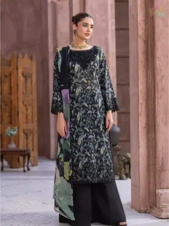 Model wearing Sanam Saeed by Puri Fabrics D-10, highlighting the embroidered digital lawn shirt with rich patterns and festive summer colours.