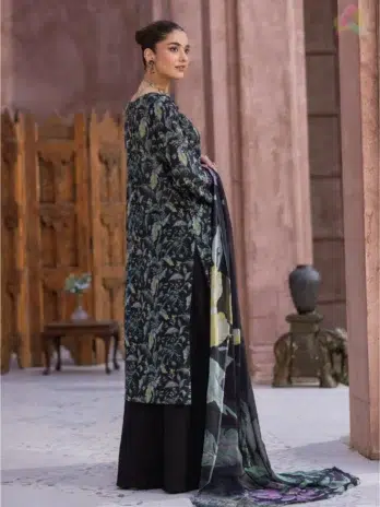 The backside of Sanam Saeed by Puri Fabrics D-10 is shown on the model, featuring an intricate digital print across breathable lawn fabric.