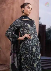 Full-length look of Sanam Saeed by Puri Fabrics D-10 on model, styled with chiffon dupatta and plain trousers for a classic summer outfit.