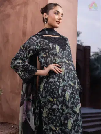 Full-length look of Sanam Saeed by Puri Fabrics D-10 on model, styled with chiffon dupatta and plain trousers for a classic summer outfit.