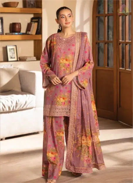 Model wearing Saraab by Brenish D-01 showcasing the digitally printed Bana Dora lawn shirt with organza sequin-embroidered neckline and daman lace.