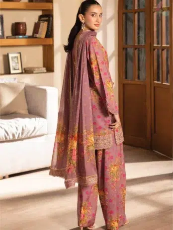 Back view of Saraab by Brenish D-01 worn by a model, displaying the digital print and elegant lawn fabric.