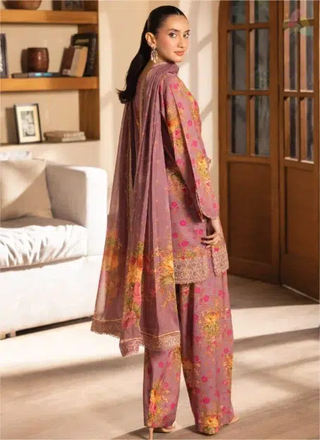 Back view of Saraab by Brenish D-01 worn by a model, displaying the digital print and elegant lawn fabric.