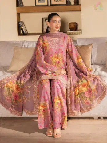 Close-up of Saraab by Brenish D-01 highlighting the intricate sequin-embroidered neckline and daman lace over fine printed lawn.