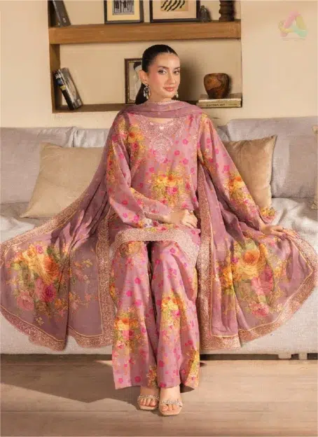 Close-up of Saraab by Brenish D-01 highlighting the intricate sequin-embroidered neckline and daman lace over fine printed lawn.