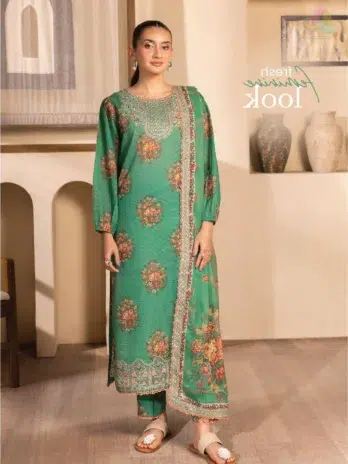 Model wearing Saraab by Brenish D-02 showcasing digital printed Bana Dora lawn shirt with organza sequin-embroidered daman lace and neckline.