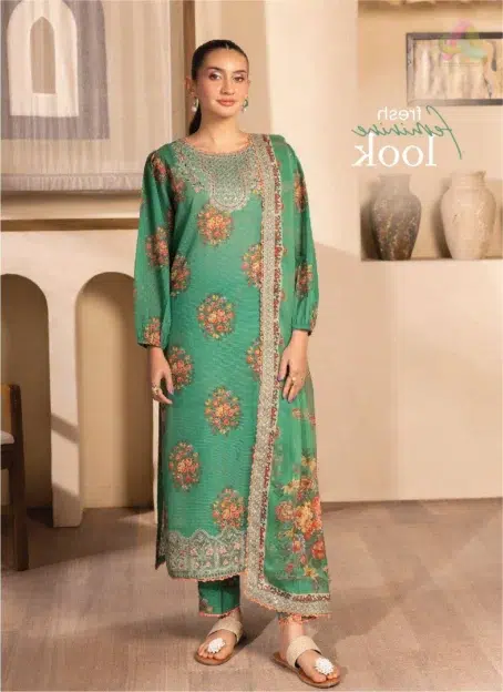 Model wearing Saraab by Brenish D-02 showcasing digital printed Bana Dora lawn shirt with organza sequin-embroidered daman lace and neckline.