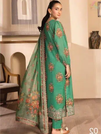 Back view of model in Saraab by Brenish D-02 displaying printed Bana Dora lawn design with smooth summer finish.