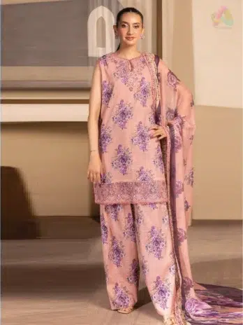 Model showcasing the front of Saraab by Brenish D-03 with digital printed lawn shirt and sequin-embroidered neckline and daman lace.