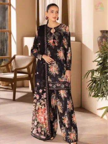 Model displaying front of Saraab by Brenish D-04 with digital printed lawn shirt and organza sequin-embroidered neckline and daman lace.