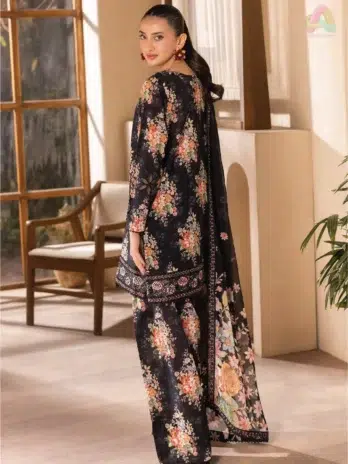 Back view of Saraab by Brenish D-04 featuring Bana Dora digital print in soft, elegant hues.