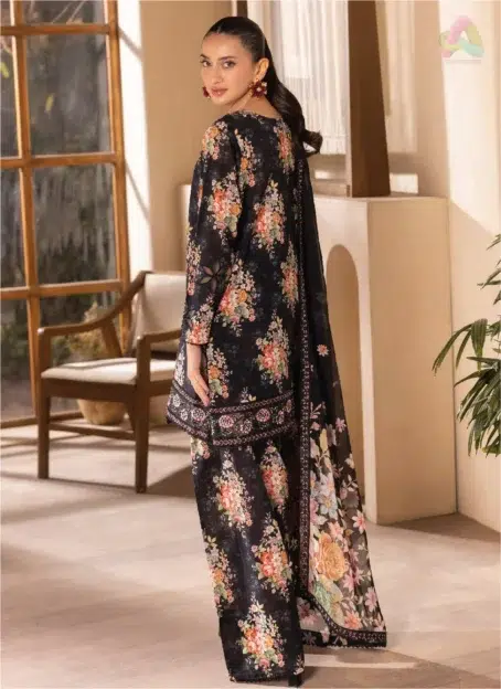 Back view of Saraab by Brenish D-04 featuring Bana Dora digital print in soft, elegant hues.