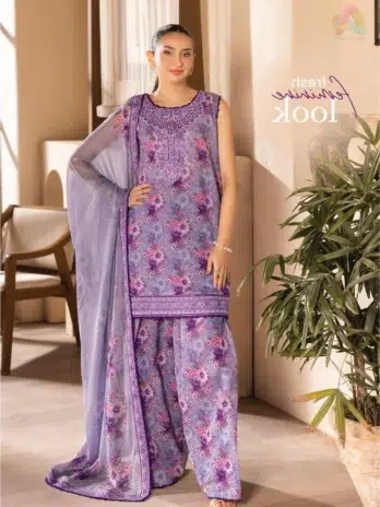 Model showcasing the front of Saraab by Brenish D-05 with digitally printed Bana Dora lawn and embroidered neckline.