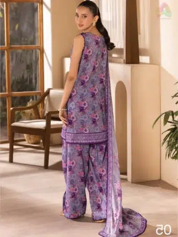 Back view of Saraab by Brenish D-05 displaying coordinated digital print in soft hues on breathable lawn fabric.