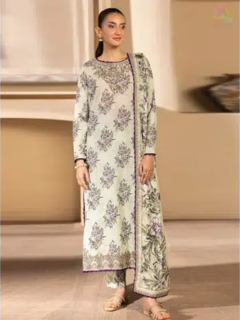 Model wearing Saraab by Brenish D-06 showing digitally printed Bana Dora lawn front with sequin neckline and festive detailing.