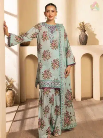Model wearing Saraab by Brenish D-07, featuring digital lawn shirt with sequin neckline and daman embroidery.