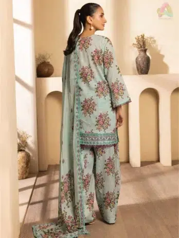 Back view of Saraab by Brenish D-07 showing digital Bana Dora print with a soft summer texture.