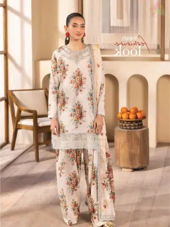 Front view of Saraab by Brenish D-08 showing a digital lawn shirt with embroidered neck and daman lace.
