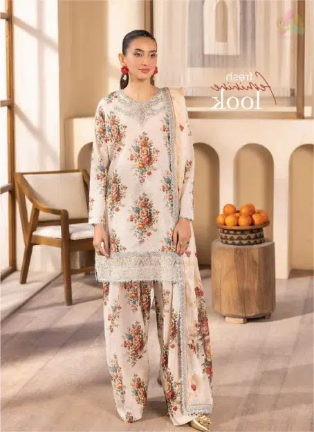 Front view of Saraab by Brenish D-08 showing a digital lawn shirt with embroidered neck and daman lace.