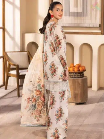 The back side of Saraab by Brenish D-08 features a digital print on Bana Dora lawn fabric.