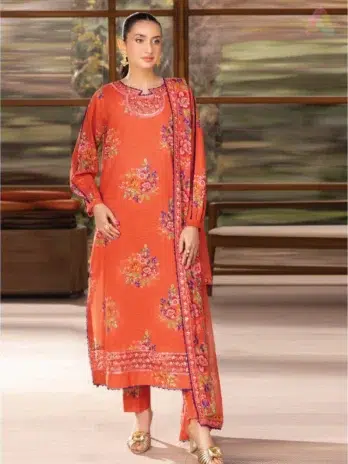 Front view of Saraab by Brenish D-09 featuring a digital lawn shirt with an embroidered neckline and daman lace.
