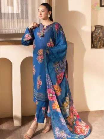Front view of Saraab by Brenish D-10 featuring digitally printed lawn with embroidered daman lace and neckline, perfect for festive styling.
