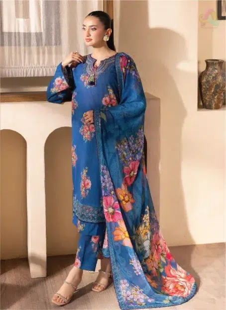 Front view of Saraab by Brenish D-10 featuring digitally printed lawn with embroidered daman lace and neckline, perfect for festive styling.