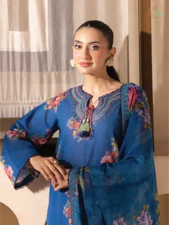 Close-up of neckline and daman lace embroidery from Saraab by Brenish D-10, highlighting intricate organza sequin details.