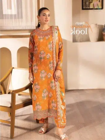 Front view of Saraab by Brenish D-11 featuring a digitally printed lawn shirt with an embroidered neckline and daman lace.