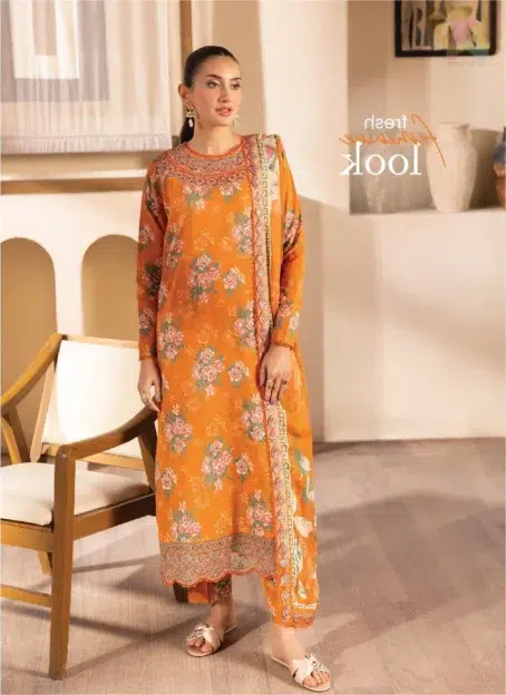 Front view of Saraab by Brenish D-11 featuring a digitally printed lawn shirt with an embroidered neckline and daman lace.