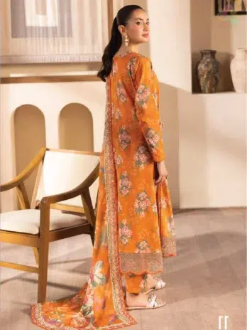 Back of Saraab by Brenish D-11 showcasing digital Bana Dora lawn print with festive colour tones.