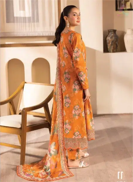 Back of Saraab by Brenish D-11 showcasing digital Bana Dora lawn print with festive colour tones.
