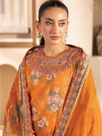 Close-up of organza sequin embroidered neckline and daman on Saraab by Brenish D-11, highlighting fine craftsmanship.