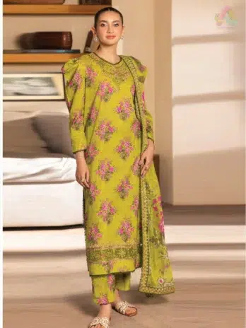 Front view of Saraab by Brenish D-12 showcasing vibrant digital prints and organza embroidered neckline on Bana Dora lawn fabric.
