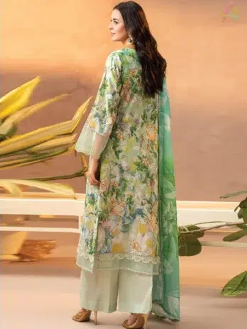 Back view of Gullbano by Gulljee Vol 5 D-01 showcasing matching digital printed lawn design and embroidered sleeves for a coordinated look