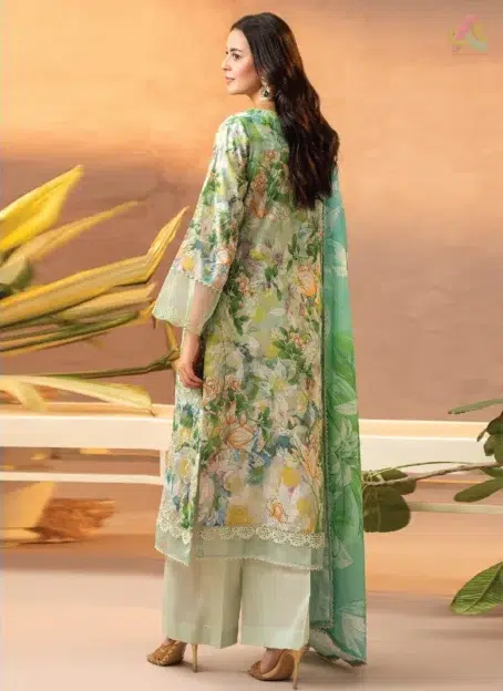 Back view of Gullbano by Gulljee Vol 5 D-01 showcasing matching digital printed lawn design and embroidered sleeves for a coordinated look